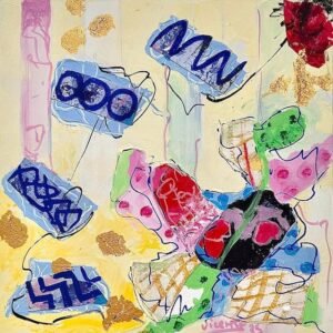 Pintura única abstracta 30 x 30 cm rosa, azul y amarillo, técnica mixta sobre madera.