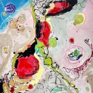 Cuadro único abstracto 30 x 30 cm amarillo, verde, pan de oro, técnica mixta sobre madera.