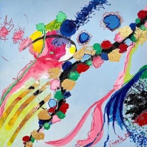 Obra única 30 x 30 cm, fuerte contraste azul eléctrico y rojo, técnica mixta sobre madera.