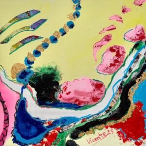 Pintura única abstracta 30 x 30 cm tonos pastel, verde, técnica mixta sobre madera.