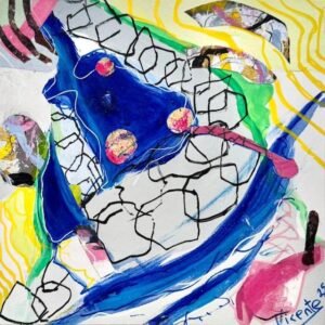 Cuadro único abstracto 30 x 30 cm, rojo, amarillo y trazo negro, técnica mixta sobre madera.