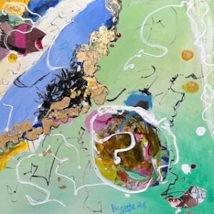 Obra única abstracto 40 x 40 cm verde claro, azul y pan de oro, con formas orgánicas.