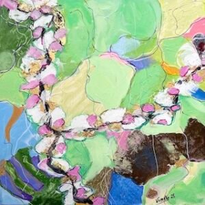 Cuadro único abstracto 40 x 40 cm tonos verde claro, rosa y blanco, con forma de guirnalda y pan de oro.