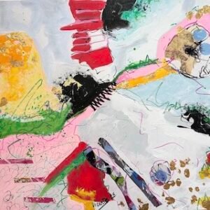 Pintura abstracta única 40 x 40 cm rojo, negro y pan de oro, fondo blanco, técnica mixta.