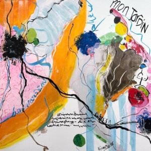 Pintura abstracta única 40 x 40 cm con la frase "Mon Jardin", naranja, blanco y negro.