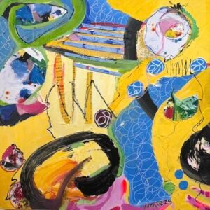 Obra única abstracta 40 x 40 cm amarillo brillante, azul, verde, técnica mixta.