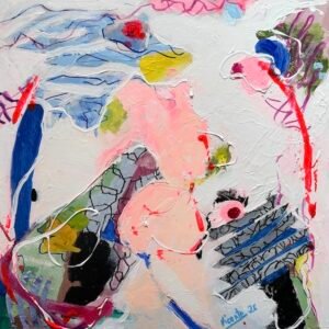 Pintura única abstracta 40 x 40 cm fondo blanco, textura rosa, azul y trazos rojos.