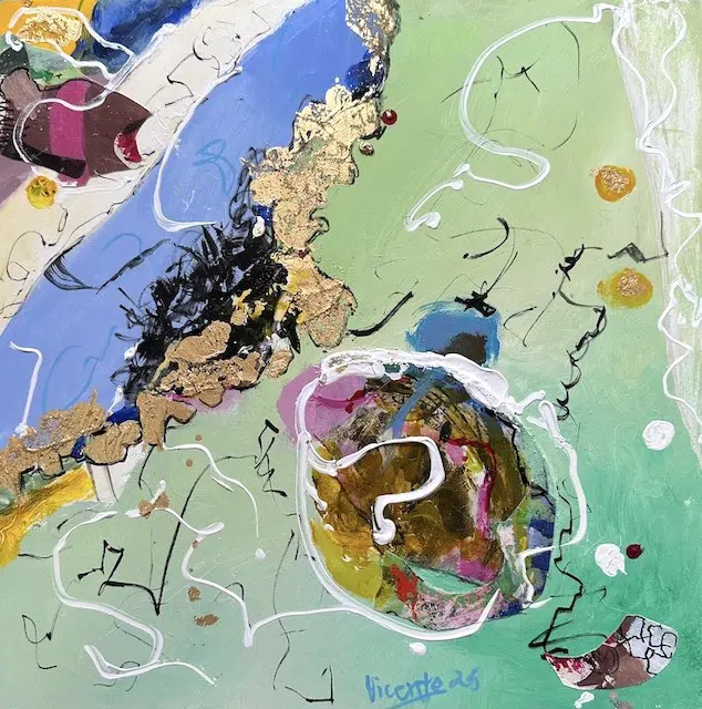 Obra única abstracto 40 x 40 cm verde claro, azul y pan de oro, con formas orgánicas.