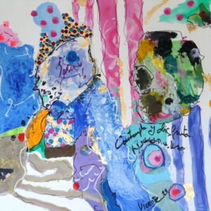 Cuadro abstracto con texto "Contempla y disfruta" y detalles en pan de oro.