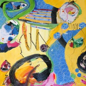 Abstracción amarilla con círculos negros y recortes de papel con caligrafía.