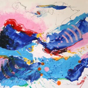 Paisaje abstracto que evoca olas marinas en azul intenso y cielo rosado.