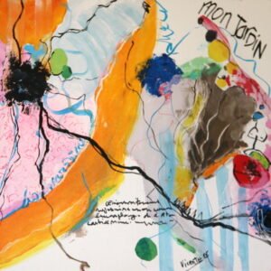 Cuadro abstracto con mancha naranja central y la frase "Mon Jardin" en la esquina.