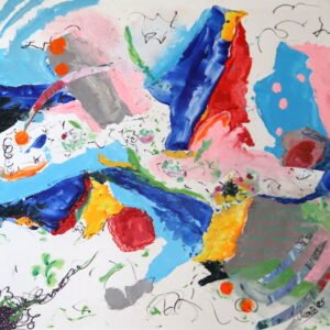 Pintura abstracta con mucho relieve y colores vibrantes sobre fondo blanco